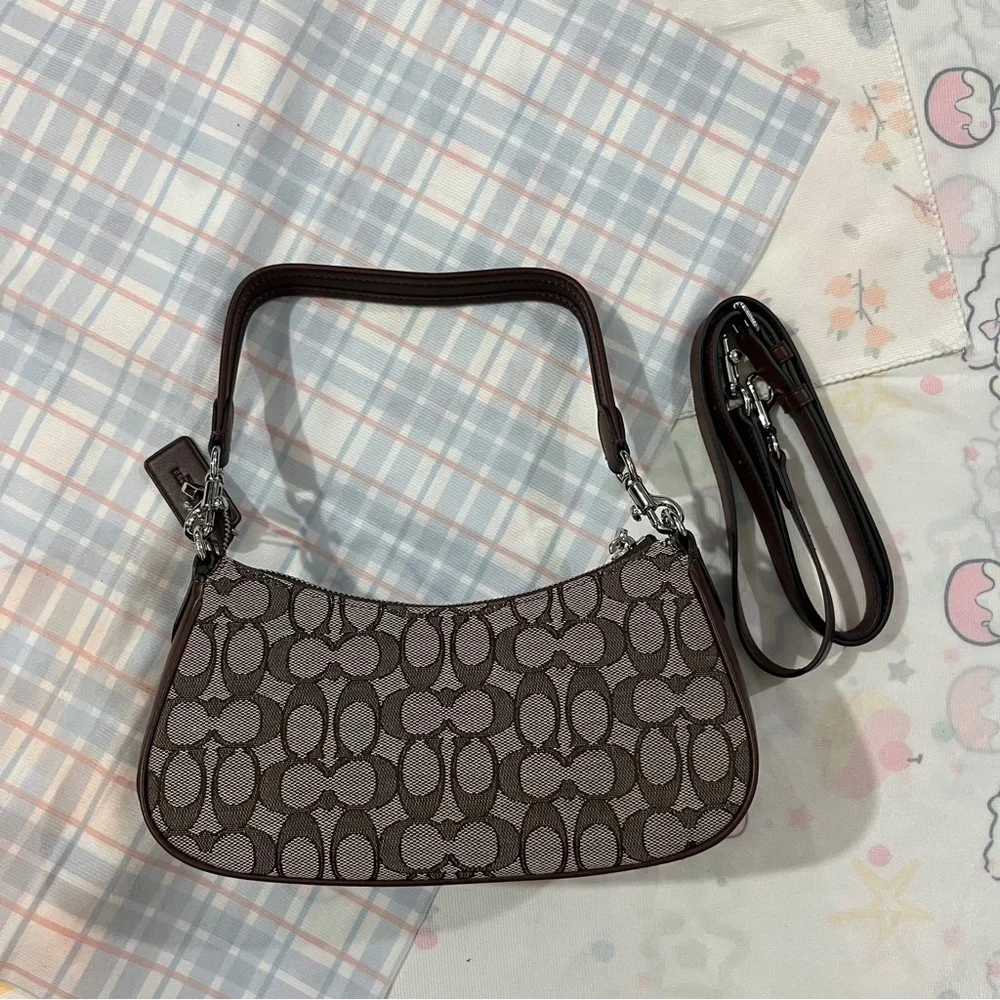 Coach Brown Signature Jacquard Crossbody Bag with Buckle Pockets